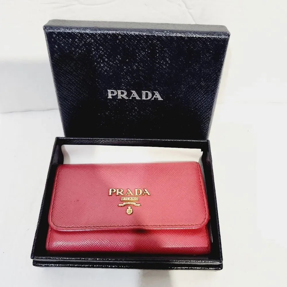 PRADA authentic Saffiano leather red / pink key  card case with box